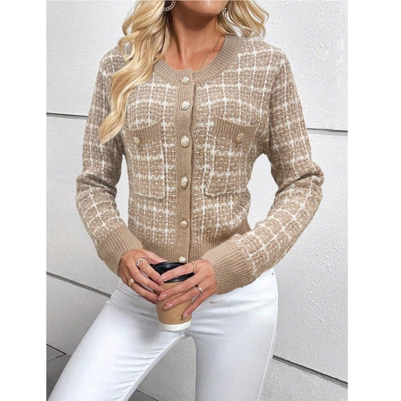 Tan Plaid Button Up Cardigan Knit Long Sleeve - Picture 6 of 7